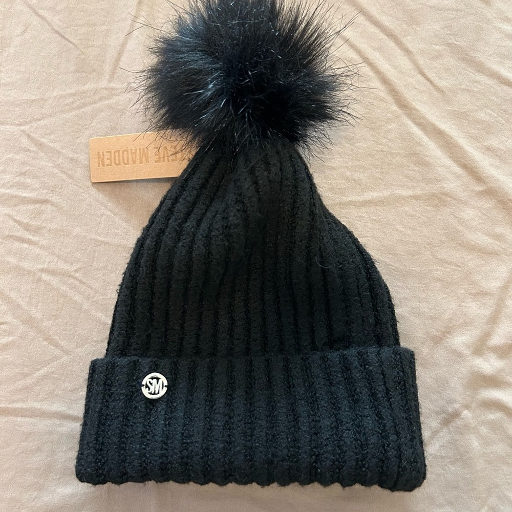 Steve Madden Black Knit Beanie with Pom Pom
